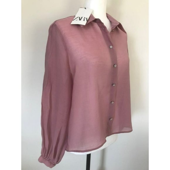 ZARA Blouse Top Size Medium Dusty Pink Diamante Buttons Semi Sheer - Picture 3 of 7